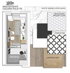 the floor plan for a small bathroom with white marble and wood accents, including an open shower