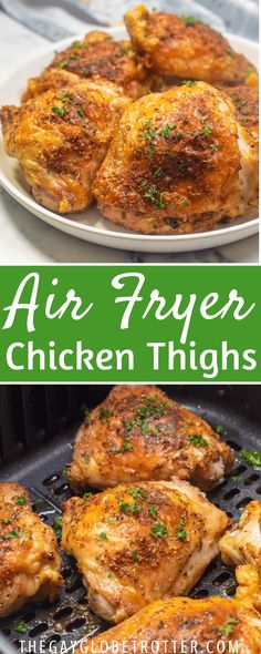 air fryer chicken thighs on the grill with parsley and herbs in the background