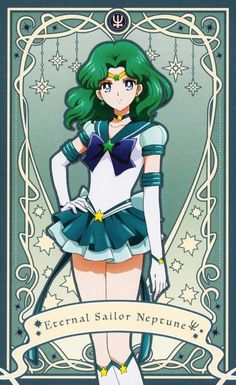 an anime character with green hair and blue eyes is standing in front of a banner