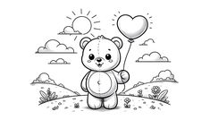 a drawing of a teddy bear holding a heart shaped balloon with the sun in the background