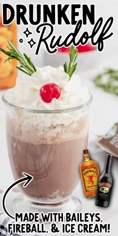 an advertisement for a drink with whipped cream and cherries