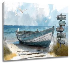 a painting of a boat on the beach with seagulls flying over it and an old sign post