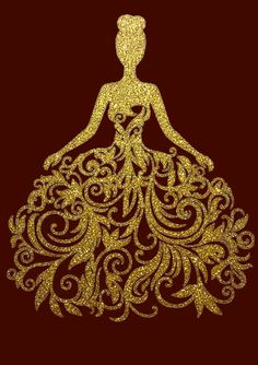 a woman in a gold dress with swirls on it's skirt and back