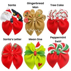 Gingerbread, Tree Cake, Peppermint Swirl and Santa Neoprene Bubble Sailor Hair Bows These soft, Christmas characters and shapes neoprene sailor bows can be quickly cut and assembled for a trendy holiday season bow. They're ideal for easy at-home styling, individual use, or even resale. These bows include Santa, the Mean One, a gingerbread man and other Christmas elements. Get creative and add a splash of color to your look with these low-maintenance bows – perfect for this upcoming festive seaso Hair Bow Bouquet, Christmas Fabric Bows, Christmas Hair Bow Ideas, Christmas Hair Bows Diy, Gingerbread Hat, Christmas Cheer Bows, Easy Hair Bows, Spring Crafts Preschool, Christmas Shapes