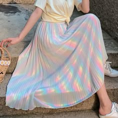 Rainbow Gradient Glossy Pleated Skirt – Tomscloth Y2k Coquette Aesthetic, Aesthetic Rainbow, Grunge Preppy, Cute Grunge, Trendy Bottoms, Rainbow Gradient, Rainbow Outfit, Pleated Long Skirt, Y2k Coquette