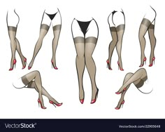 woman's legs and stockings with high heels in various positions, from front to back