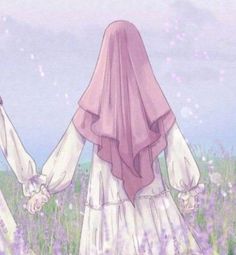 two women in white dresses holding hands and walking through a field full of purple flowers