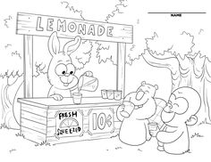 an image of a cartoon lemonade stand with two bears and one bear holding a cup