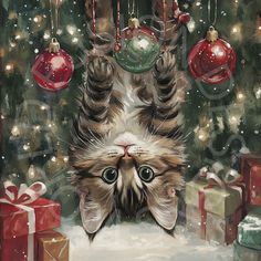 a painting of a cat laying on its back in front of christmas decorations