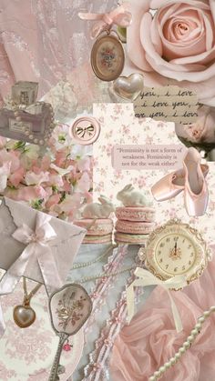 a collage of pink roses, pearls and other items in pastel colors with words written on them