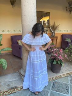 Beautiful long peasant dress with lace details, and spring at the waist made by an artisan from the state of Oaxaca, Mx. This dress is one size fits all size S/M/L This beautiful dress is made with a blanket and ribbed lace detailing at the waist for a comfortable fit. We ship anywhere in the world, from Tepic, Nayarit, MX. We recommend hand washing with cold water, gentle to the shade, to better preserve the original color Mexican Dresses Traditional, Hispanic Clothing, Mexican Traditional Clothing, Mexico Dress, Spanish Dress, Outfits For Mexico