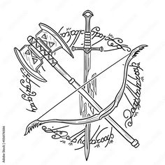 a drawing of two swords and some writing on the side of it, with an arrow in