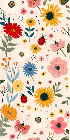 an image of flowers and ladybugs on a white background