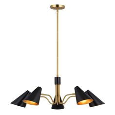 three light brass chandelier with black shades and gold accents on an isolated white background