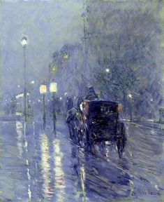 a painting of a horse drawn carriage on a city street in the rain at night