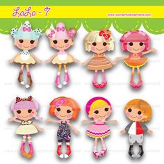 a bunch of dolls that are in different colors and sizes, with the caption's name on them