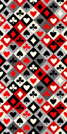 an abstract pattern with playing cards in red, black and white