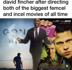 a man in a suit and tie standing next to a movie poster with the caption gone girl