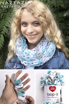 a woman wearing a blue and white crochet scarf with the words loop it on it