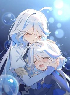 two anime characters hugging each other with bubbles in the background