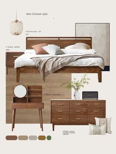 an image of a bedroom setting with wood furniture and neutral colors on the bedding