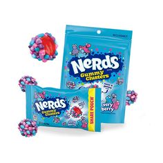 two bags of nerds gummy bears next to each other on a white background