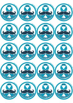 twelve blue mustaches are in the middle of a circular sticker with words on it