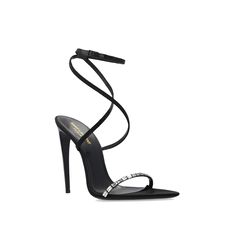 - Composition: 100% Silk - Inner: Silk - Insole: Leather - Sole: Leather - Pointed toe - Adjustable buckled ankle strap - Heel 11 cm - Crystal embellishment Black Luxury T-strap Sandals With Ankle Strap, Luxury Black T-strap Sandals With Ankle Strap, Luxury Black Sandals With Single Toe Strap, Luxury Ankle Strap Lace-up Sandals, Luxury Strappy Sandals With Branded Heel Counter, Luxury Designer T-strap Sandals With Single Toe Strap, Luxury Heel Strap Sandals For Summer, Luxury Designer T-strap Sandals With Ankle Strap, Luxury High Heel Strap Sandals