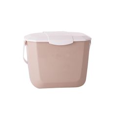 a pink and white container with a lid on the side, sitting against a white background