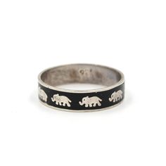 "Super cute little enamel elephant band. Marked \"925\". In good vintage condition, with only slight signs of wear. No chips to the enamel. Size: 5.5 Measures 4.4mm Wide Weight: 1.26 grams *Free Domestic Shipping on Orders Over $35* All of our items are in good, vintage condition because of their past lives expect some minor surface abrasions and small chips or hairline cracks through some of the stones. We will always do our best to disclose any obvious damage and to show any flaws in our photo Middle Finger Ring, Elephant Ring, Vintage Elephant, Past Life, Silver Band, Silver Fashion, Band Rings, Hippie Boho, Cuff Bracelets