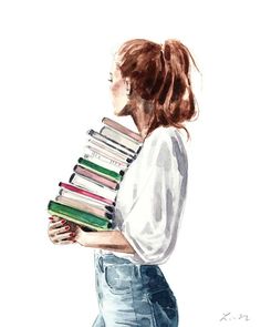 a watercolor painting of a woman holding a stack of books