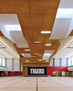 an indoor basketball court with lights on the ceiling and large tiger's sign above it