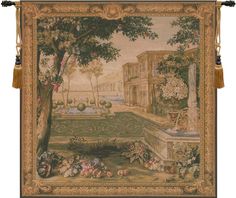 an old tapestry hanging on the wall with flowers and trees in front of a building