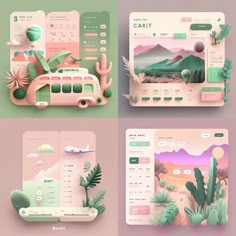 four different screens with plants and mountains in the background, one is pink and green