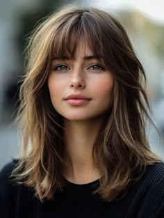 Top Medium Haircuts with Bangs for 2024 – Fresh and Stylish Ideas Fringe Bangs Small Forehead, Medium Length Haircut With Full Bangs, Different Types Of Fringes, Medium Hair Bangs Hairstyle, Medium Length With Fringe, Medium Hair With French Bangs, 2024 Hair Bangs, Lob Haircut With Bangs Fine Hair