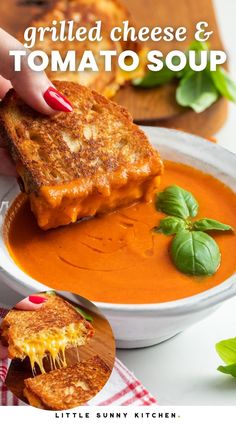 grilled cheese and tomato soup in a white bowl