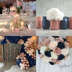 the table is decorated with pink, white and blue flowers