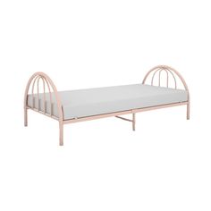 the bed frame is made from wood and has a white mattress