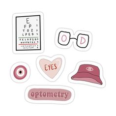 various stickers that include eyeglasses, an eye chart and the word optometry