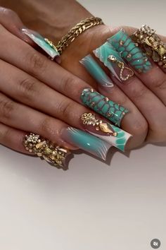 Majestic Nail Designs, Arizona Nails Designs, Extra Bling Nails, Maximalism Nails, Blue And Green Nails Designs, Exotic Nails Acrylic, Streetwear Nails, Capricorn Nails, Aquarius Nails