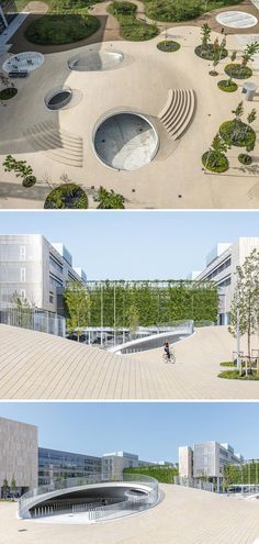 three different views of an open air area with trees and benches in the middle one is empty