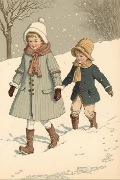 two children are walking in the snow holding hands and wearing winter clothes, hats and scarves