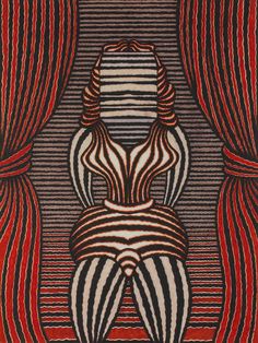 an image of a woman sitting in front of red and black striped draperies with her legs crossed