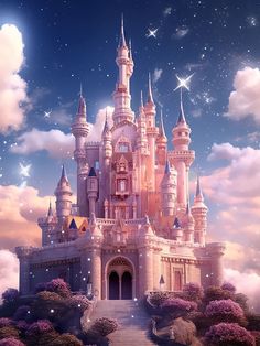 an image of a castle in the sky with stars and clouds on it's roof