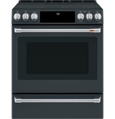 a black oven with two burners on the front and one in the middle, against a white background