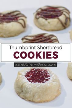 cookies with chocolate drizzled on them and the words thumbprint shortbread cookies