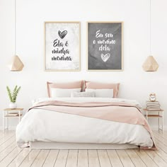 two paintings on the wall above a bed in a room with wooden floors and white walls