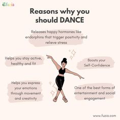 a woman is dancing with the words reason why you should dance