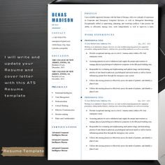 a professional resume template with blue accents on the front and bottom, is shown in this image