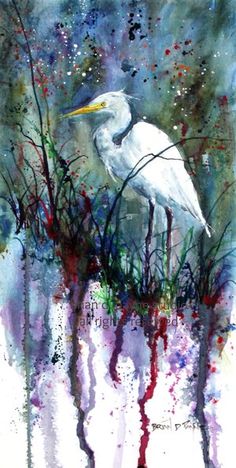 a watercolor painting of a white egret standing in tall grass and weeds